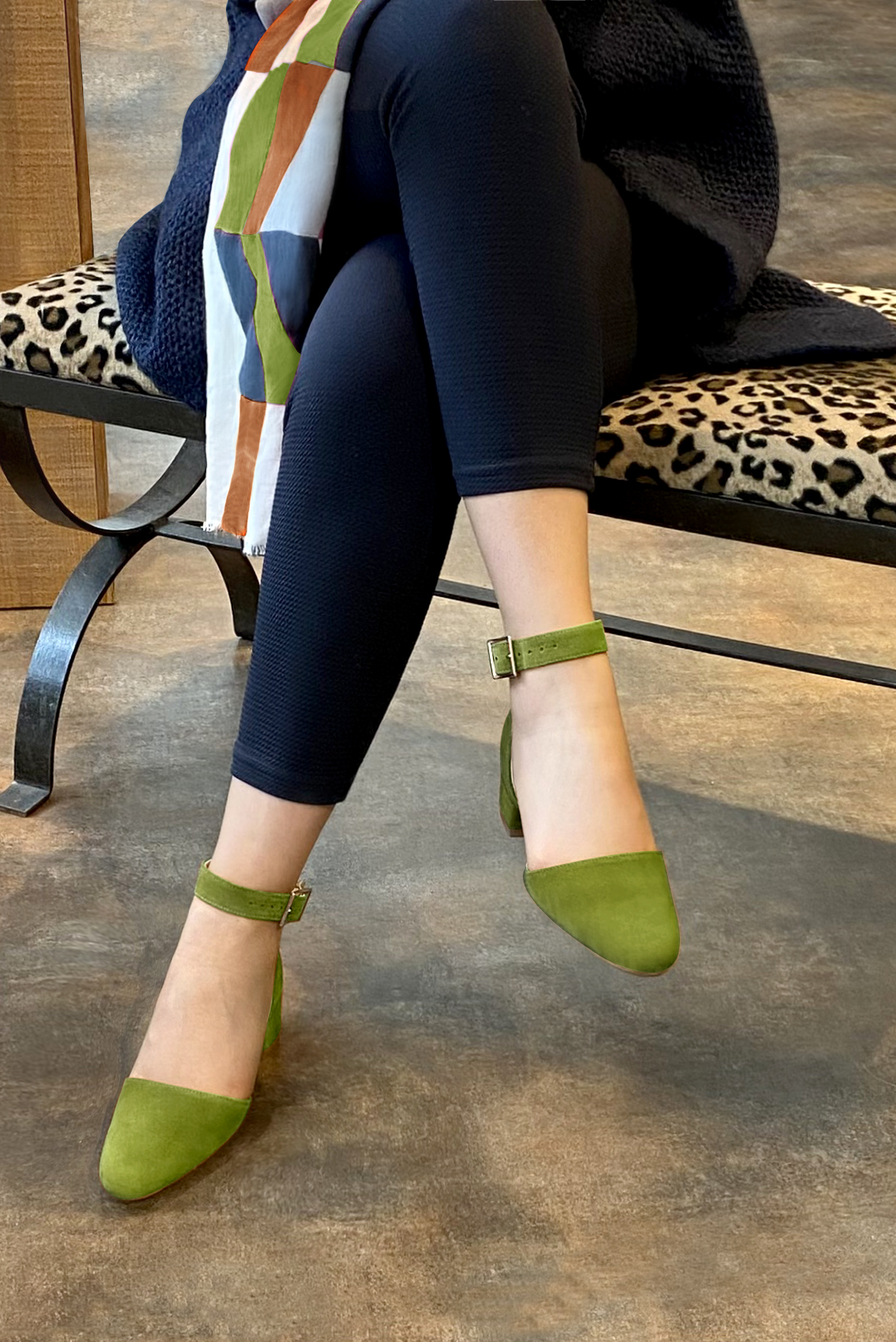 Pistachio green women's open side shoes, with a strap around the ankle. Round toe. Low block heels. Worn view - Florence KOOIJMAN